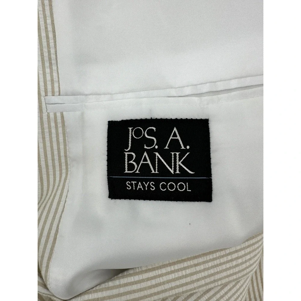 Jos. A. Bank Stays Cool Mens Suit 41L 35W Tan Seersucker Cotton Tailored Fit